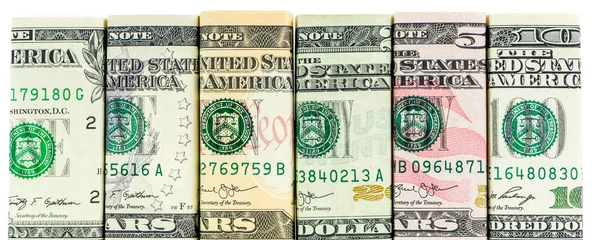Close-up de dólares americanos na forma de blocos em todas as denominações — Fotografia de Stock