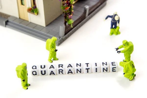 Title Made Miniature White Dices Black Letters Quarantine Caused Very — Stock Photo, Image