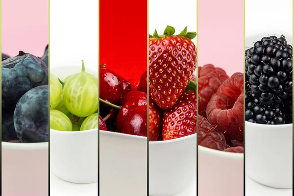 Collection Fruit White Ceramic Bowls Multicolor Background Isolated Cherry Strawberry — Stock Photo, Image