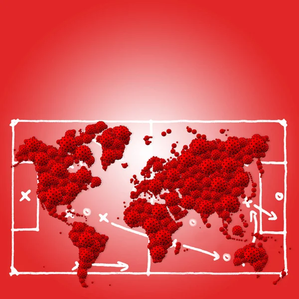 A pandemic of covid corona virus plague that crosses international boundaries, affecting people on a worldwide scale, map of the world made of virus model on red background with copy space and picture of soccer football field with battle tactics and