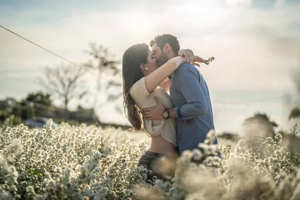 Romantis Pasangan Menjelajahi Bidang Bunga Stok Foto Bebas Royalti