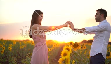 Romantik Çift Holding eller bir alanda ayçiçeği - Holambra, Sao Paulo, Brezilya