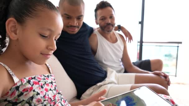 Gay Family Adopted Child Using Tablet Home — Stock Video