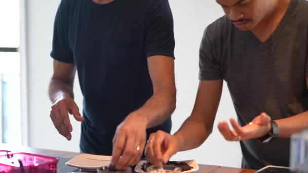 Gay Couple Making Chocolate Brigadeiro Kitchen — Stock Video