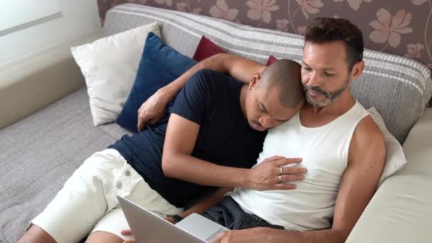 Pareja Gay Usando Laptop Sofá — Vídeo de stock