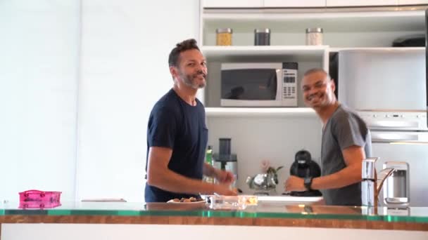 Gay Couple Dancing Kitchen — Stock Video