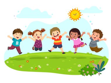 Bir grup mutlu çocuk yaz otlaklarında zıplıyorlar..