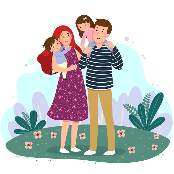 Mutlu Aile Parkta Birlikte Eğleniyor Çocuklu Ebeveynler — Stok Vektör