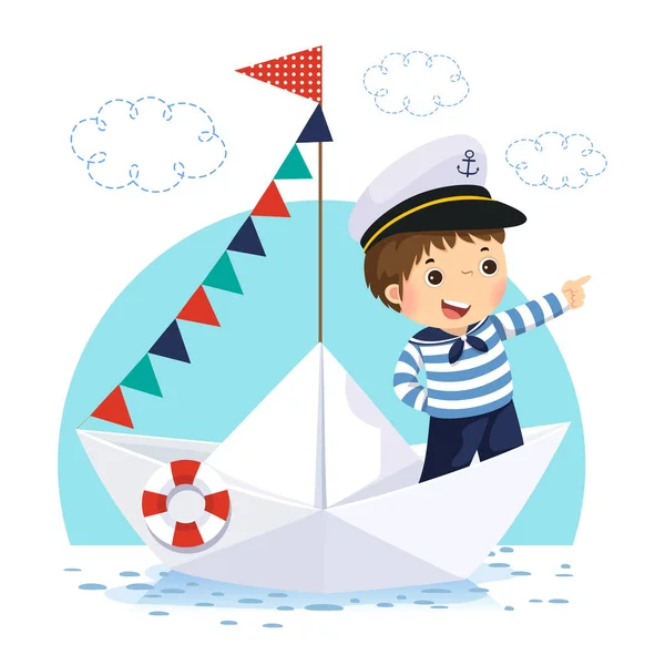 Vector Illustration Little Boy Sailor Costume Standing Paper Boat — Stock Vector