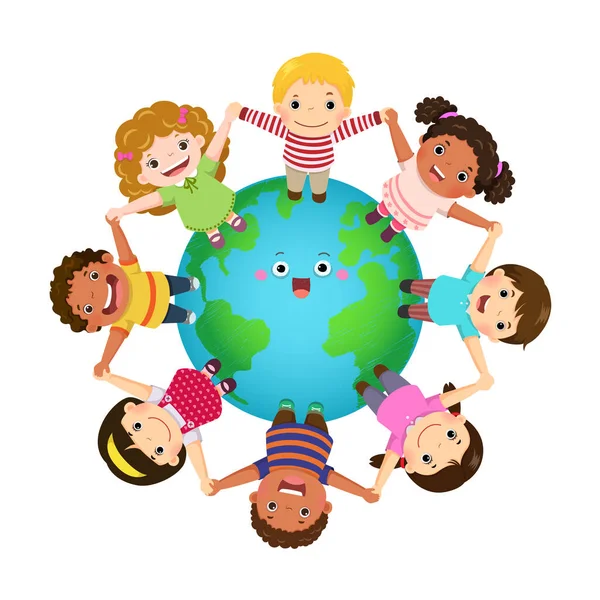 Niños Multiculturales Tomados Mano Todo Mundo Feliz Día Los Niños — Vector de stock