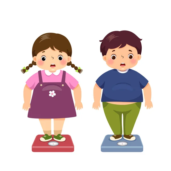 Vektorillustration Niedlich Cartoon Fat Boy Und Girl Check Ihr Gewicht — Stockvektor