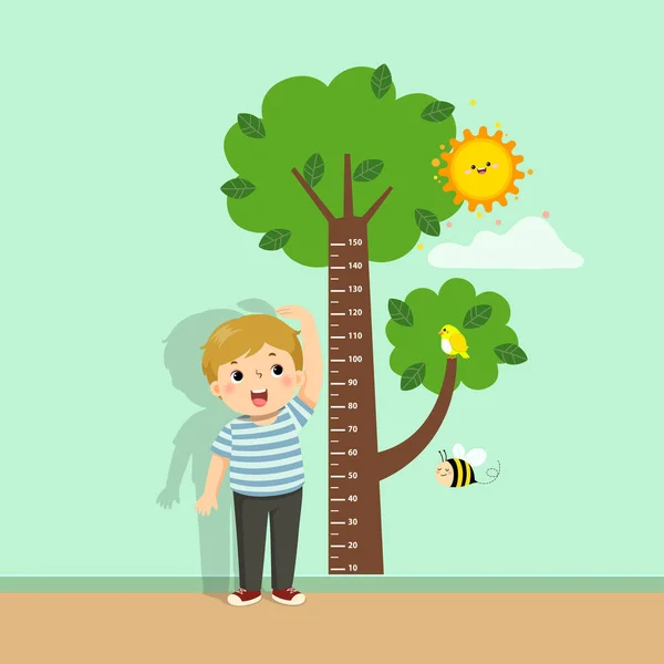 Ilustração Vetorial Bonito Cartoon Menino Medindo Sua Altura Com Árvore — Vetor de Stock