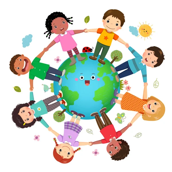 世界環境デーのコンセプトで世界中で手を携えている子供たちのグループ — ストックベクタ