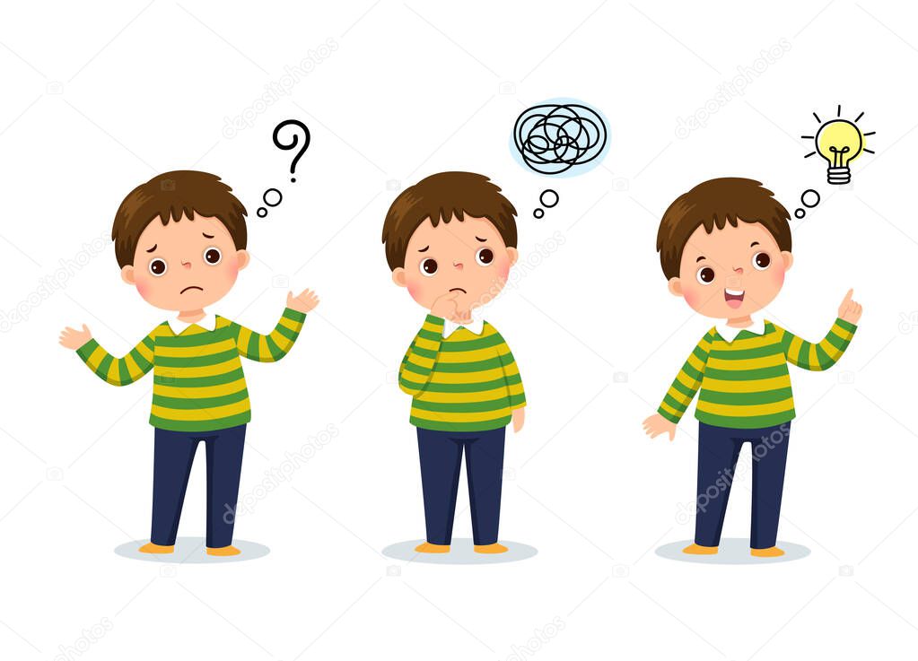 Vector illustration of cartoon child thinking. Thoughtful boy, confused boy, and boy with illustrated bulb above his head