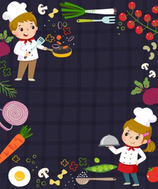 İki çocuk şefle yemek pişirme konseptinde reklam geçmişi şablonu.