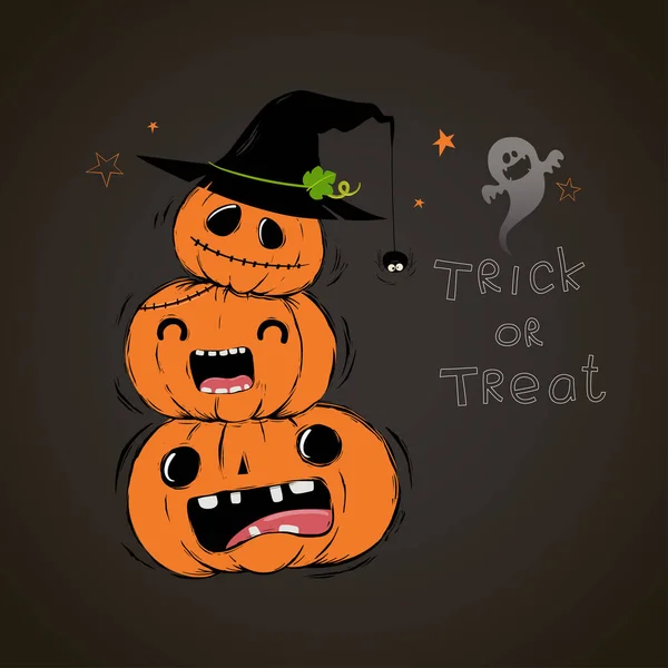 Feliz Tarjeta Halloween Con Tres Calabazas Lindo Dibujo Animado — Archivo Imágenes Vectoriales