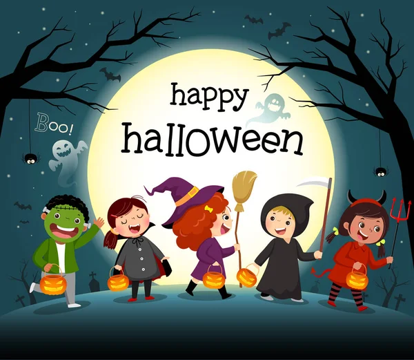 Noche Halloween Fondo Con Grupo Niños Fiesta Disfraces — Archivo Imágenes Vectoriales