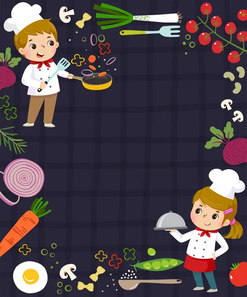2人の子供シェフと料理のコンセプトの広告の背景のためのテンプレート — ストックベクタ