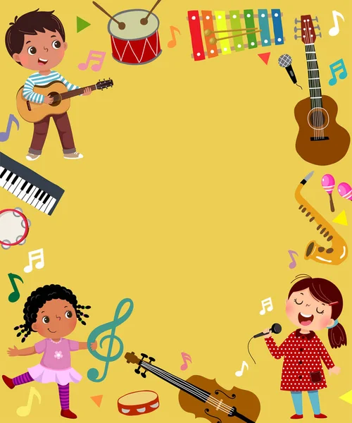 Plantilla Para Publicidad Fondo Concepto Música Con Tres Niños Músicos — Vector de stock