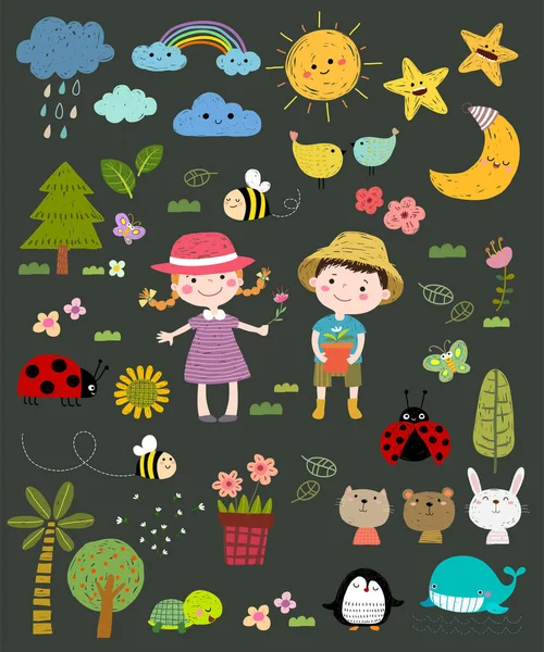 Handgetekende Vectorset Leuke Kinderen Met Natuur Pictogrammen Hand Getekend Illustratie — Stockvector