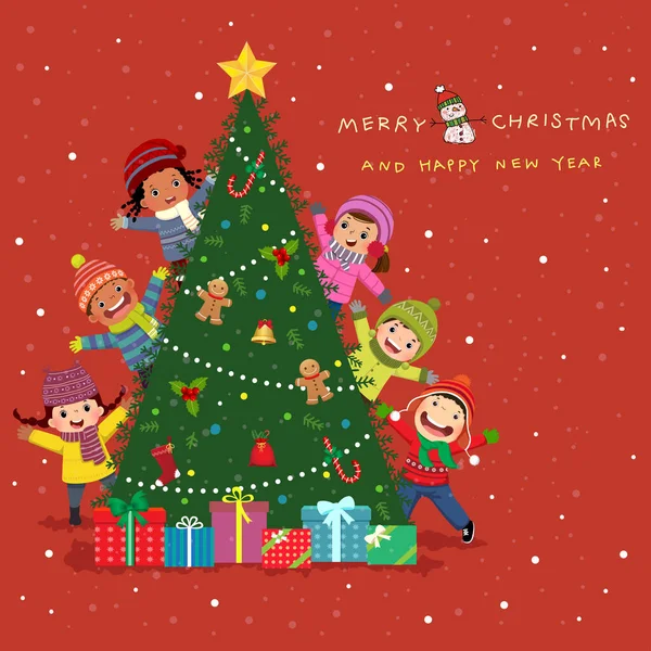 新年快乐 圣诞贺卡设计愉快 一群可爱的孩子在圣诞树后面偷窥 — 图库矢量图片