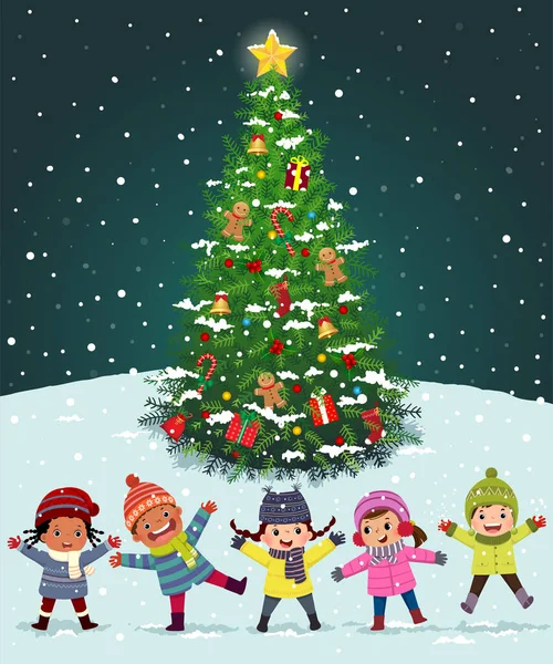 Happy Kids Playing Christmas Tree Snow Happy New Year Merry — Stock Vector