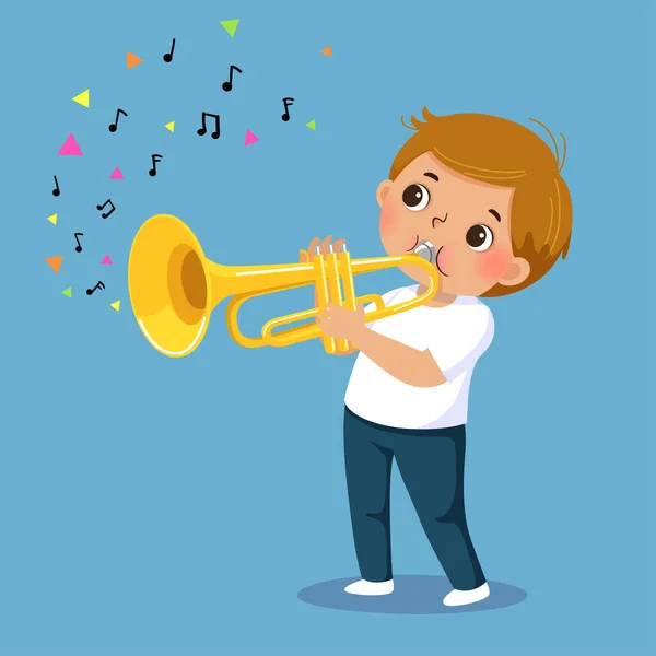 Söt Pojke Spelar Trumpet Blå Bakgrund — Stock vektor