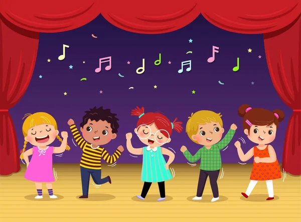 Ομάδα Παιδιών Που Χορεύουν Και Τραγουδούν Ένα Τραγούδι Στη Σκηνή — Διανυσματικό Αρχείο
