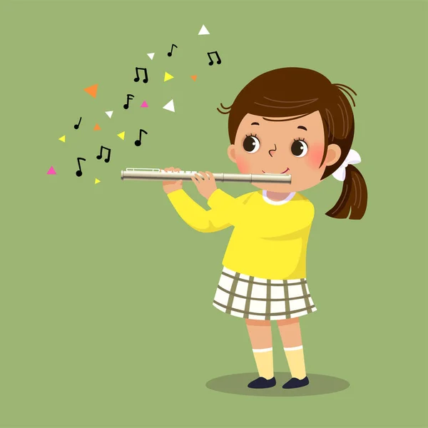 在绿色背景下弹奏长笛的可爱小女孩的矢量图 — 图库矢量图片