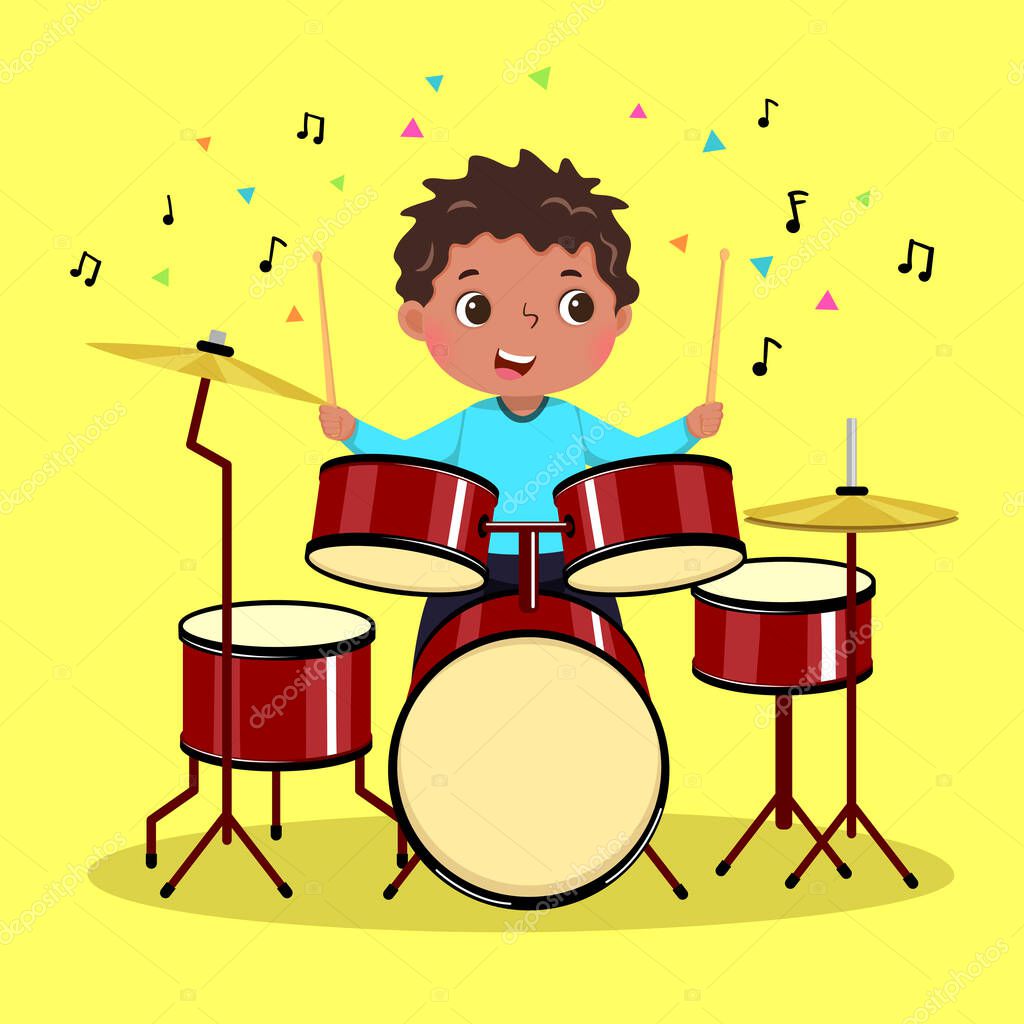 Sarı Arka Planda Davul Çalan Sevimli Çocuk ©KanKhem 395799042'e ait Stok Vektör