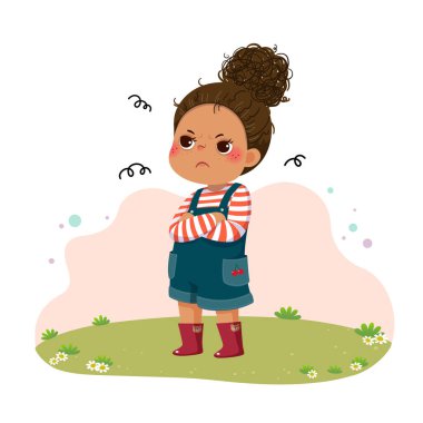 Vector illustration of cartoon little sulky girl standing with arms crossed on chest. vector Vector illustration of cartoon little sulky girl standing with arms crossed on chest. vector