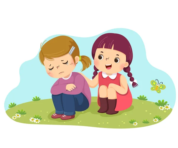 Vector Illustration Cartoon Little Girl Consoling Her Crying Friend — Stock Vector