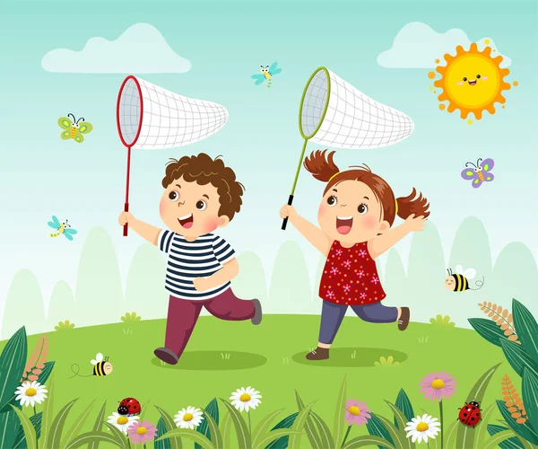 Dibujos Animados Ilustración Vectorial Niños Felices Atrapando Insectos Campo — Archivo Imágenes Vectoriales