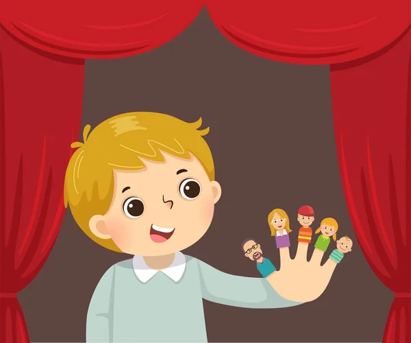 Vector Illustratie Cartoon Van Jongen Spelen Familie Vinger Poppen Theater — Stockvector