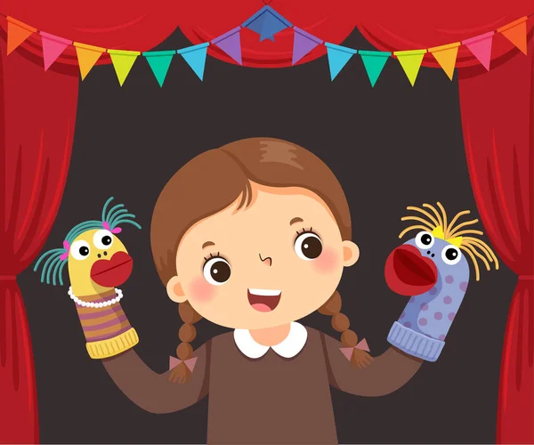 Vector Illustration Cartoon Little Girl Playing Sock Puppets Theatre — Stock Vector