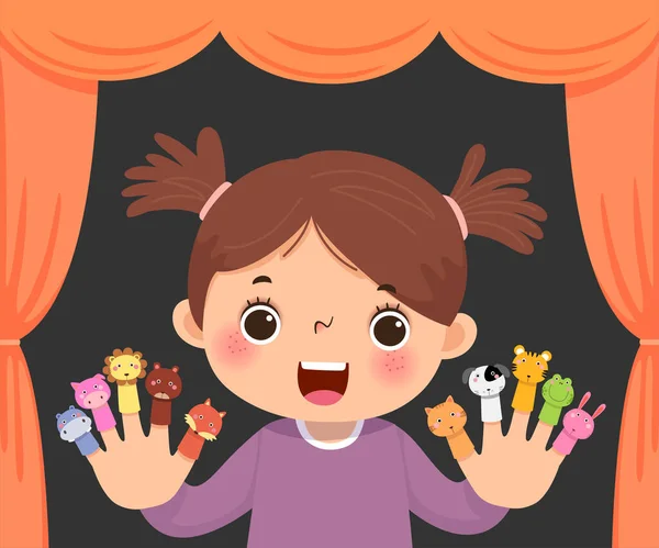 Vektor Illustration Karikatur Von Kleinen Mädchen Beim Spielen Tierischer Fingerpuppen — Stockvektor