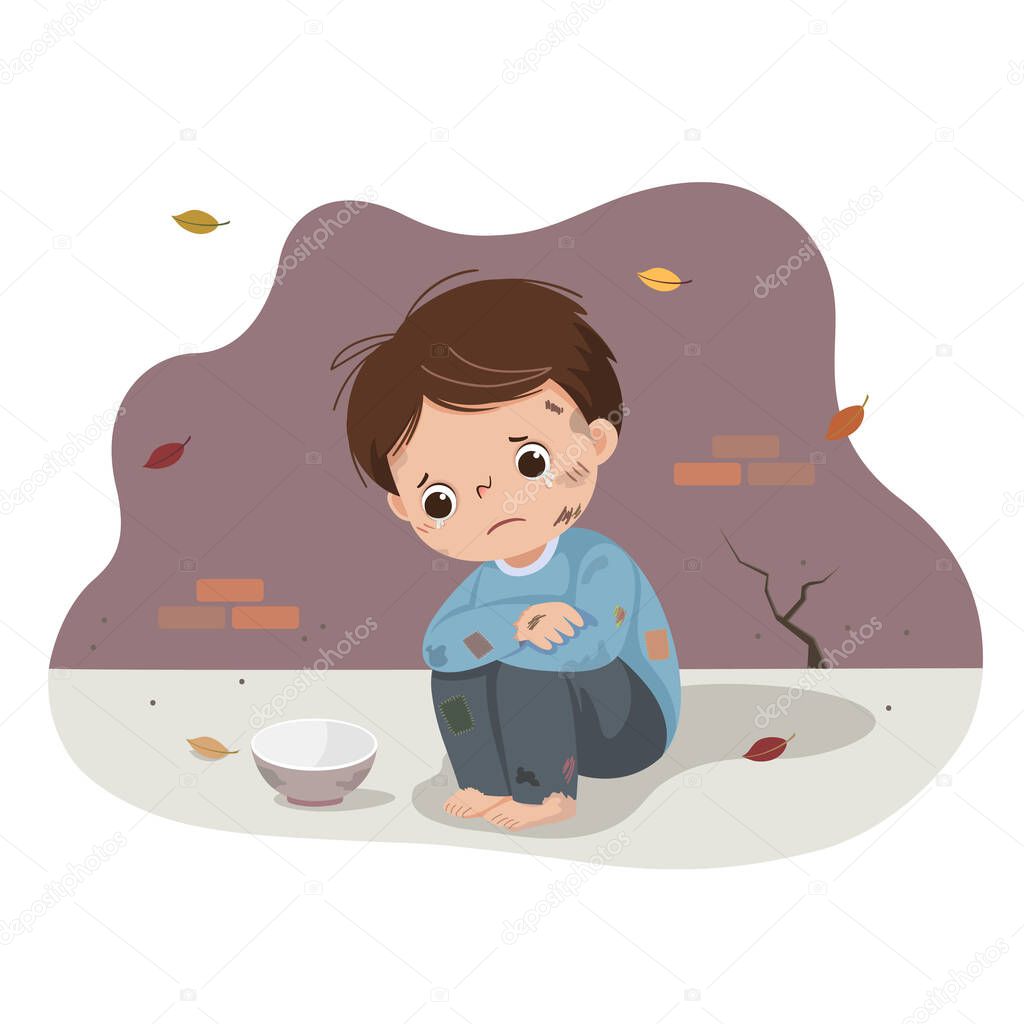 Vector illustration cartoon of a poor boy begging with an empty bowl. Homeless kid.