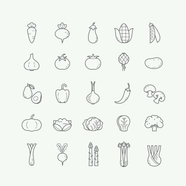 Vejetaryen, sebze, sebze, ince çizgi ikonları. Sebze çizgisi simgeleri, ana hat biçimi.