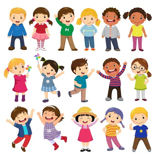 Coleção Desenhos Animados Crianças Felizes Crianças Multiculturais Diferentes Posições Isoladas —  Vetores de Stock