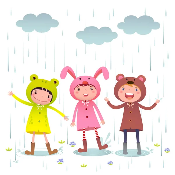 Kinderen Met Kleurrijke Regenjassen Laarzen Spelend Regenachtige Dag — Stockvector
