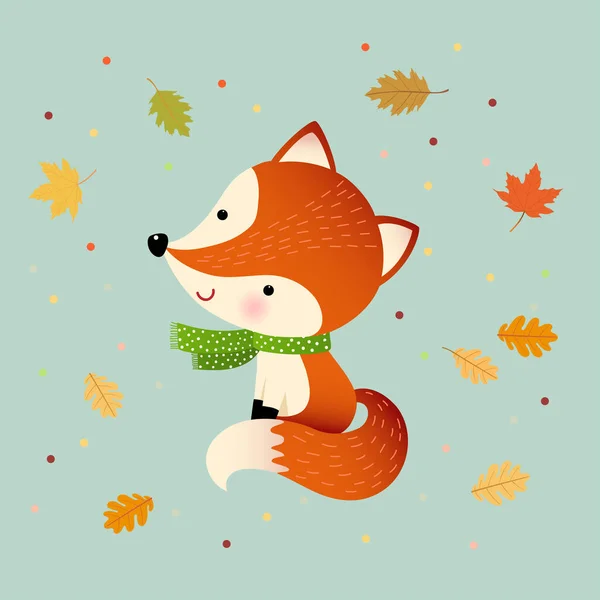 Vektorové Ilustrace Karikatura Červená Liška Podzimními Listy Ahoj Podzimní Pozadí — Stockový vektor