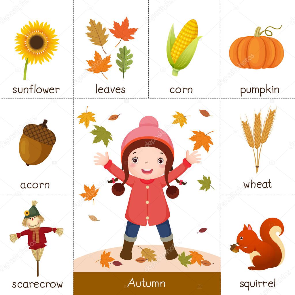 Printable flash card for autumn and little girl playing with autumn leaves