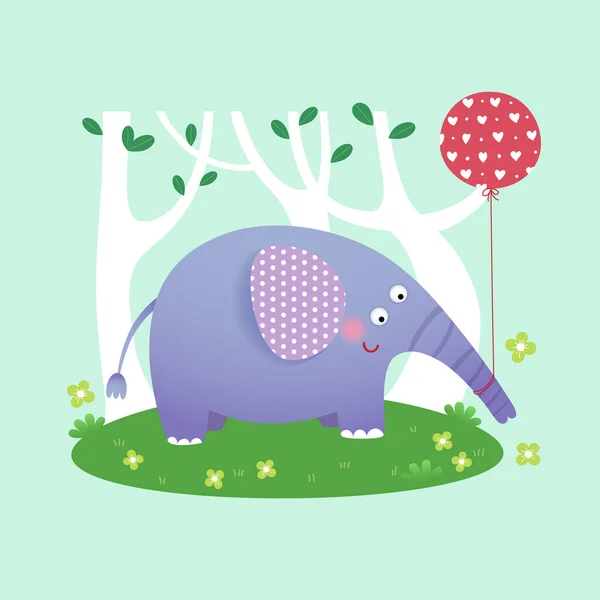 森林里一只带气球的可爱大象的矢量图解 — 图库矢量图片
