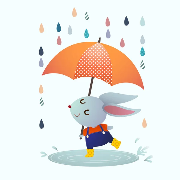 Vektorillustration Karikatur Graues Kaninchen Das Bei Regen Einer Pfütze Planscht — Stockvektor