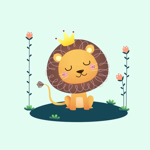 Vektorillustration Eines Niedlichen Löwen Mit Blumen — Stockvektor