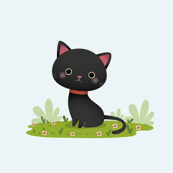 Vector Ilustración Dibujos Animados Gato Negro Sentado Jardín — Vector de stock