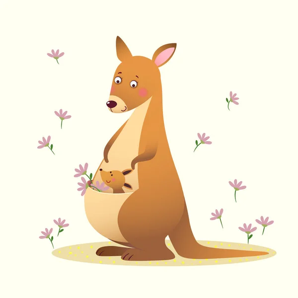 Wektor Ilustracja Kreskówkowego Kangura Jej Małym Cute Dziecko Kangura Żółtym — Wektor stockowy