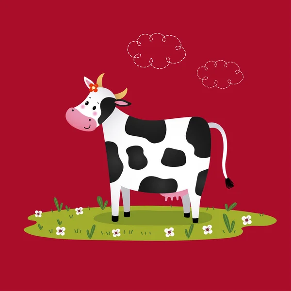 Illustration Vectorielle Dessin Animé Vache Noire Blanche Dans Champ Herbeux — Image vectorielle