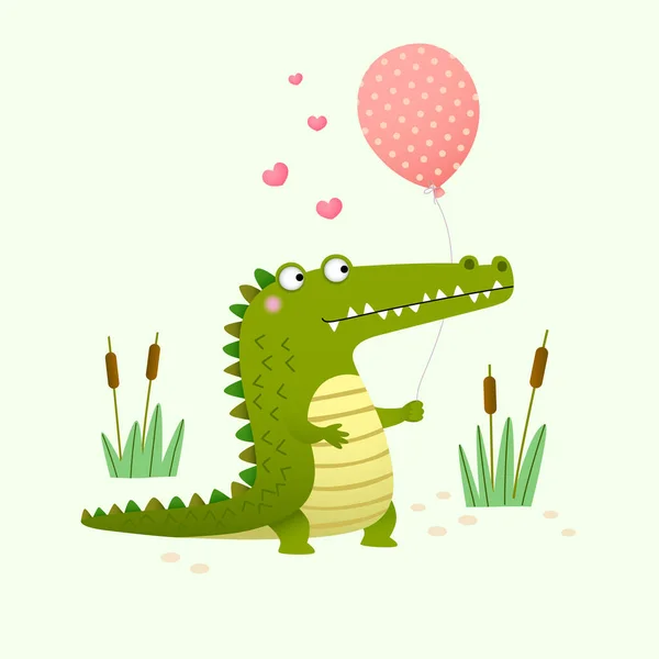 Ilustração Vetorial Crocodilo Bonito Segurando Balão Fundo Verde —  Vetores de Stock