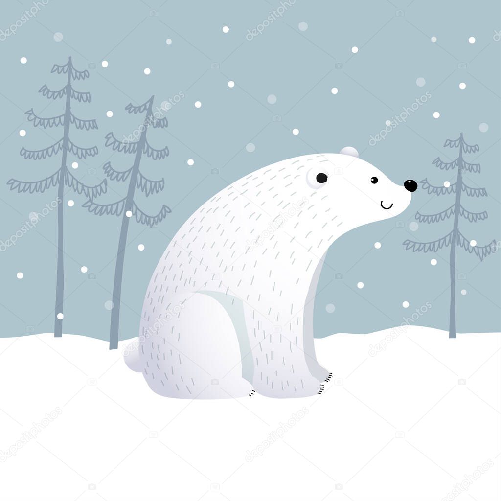 Vector illustration cartoon polar bear with winter landscape scene on a snowy day.